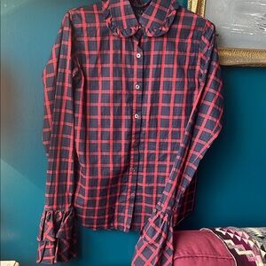 Vintage Pink Tartan Ruffle Collar/Bell Sleeve Blouse  | Statement Top